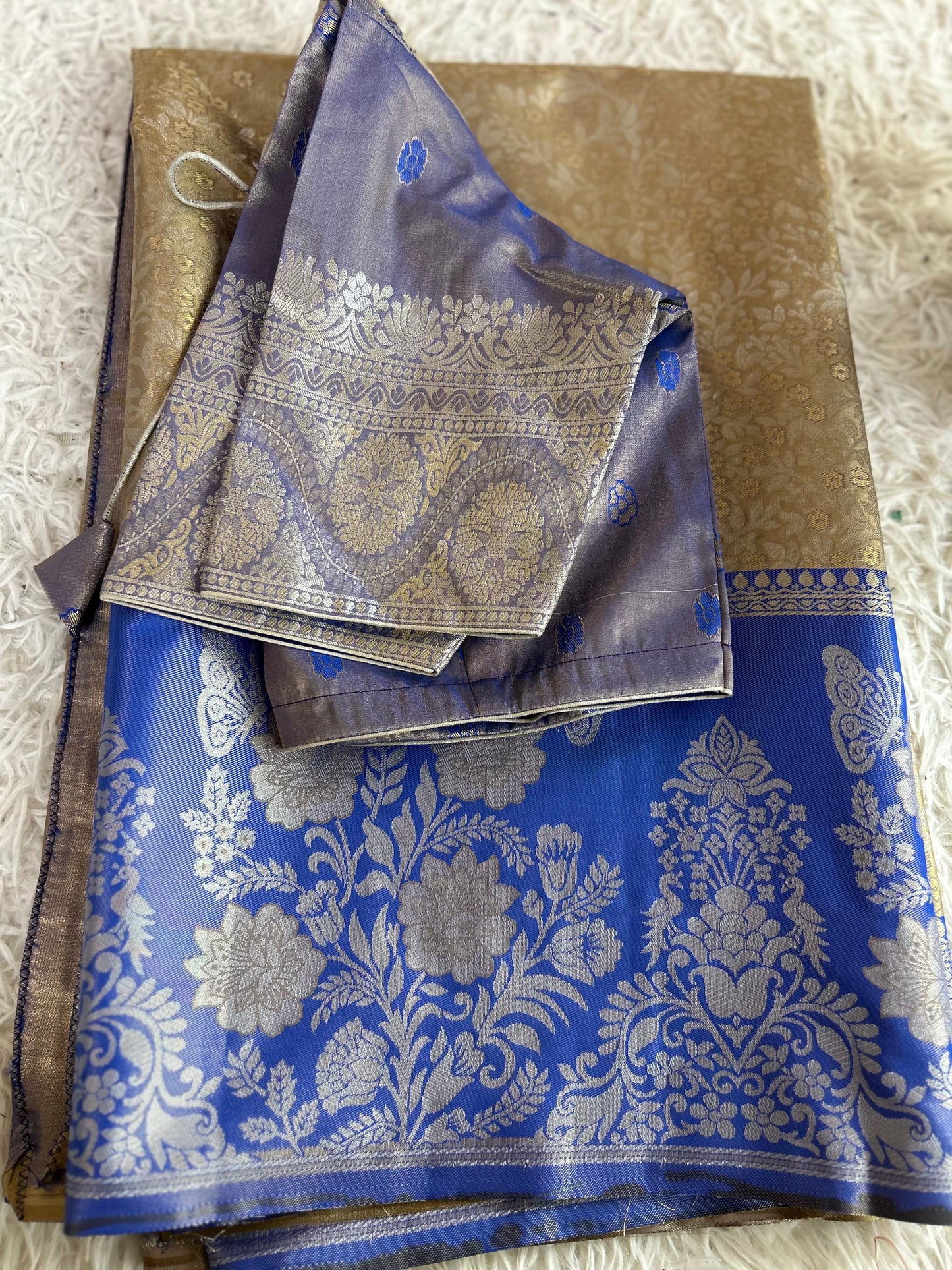 Designer Tissue Banarasi Saree in Gold with Royal Blue Border