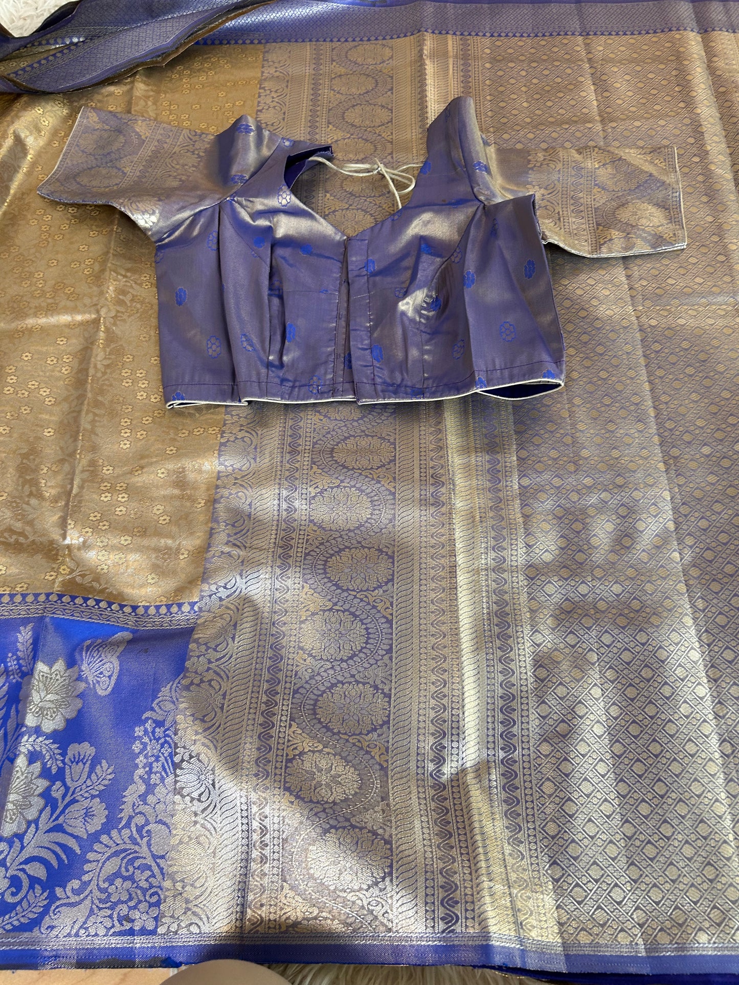 Designer Tissue Banarasi Saree in Gold with Royal Blue Border