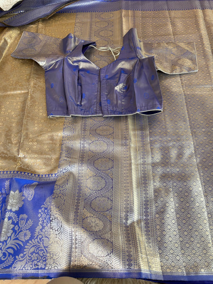Designer Tissue Banarasi Saree in Gold with Royal Blue Border