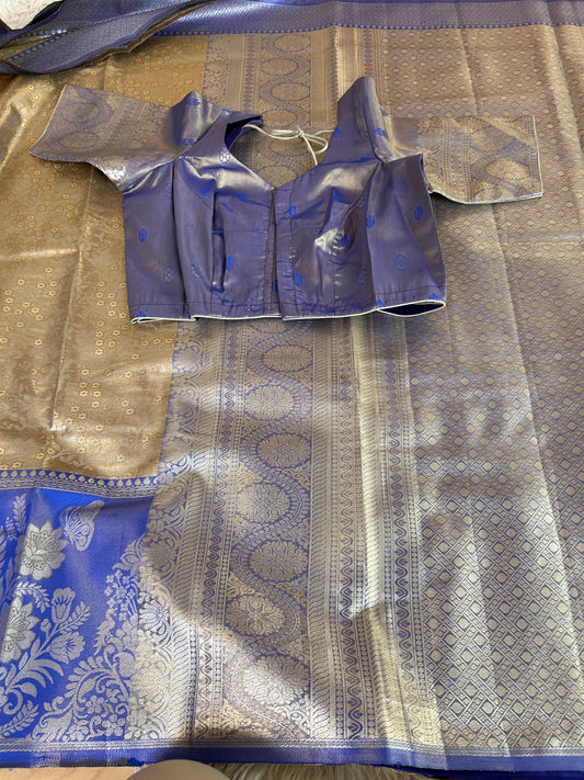 Designer Tissue Banarasi Saree in Gold with Royal Blue Border